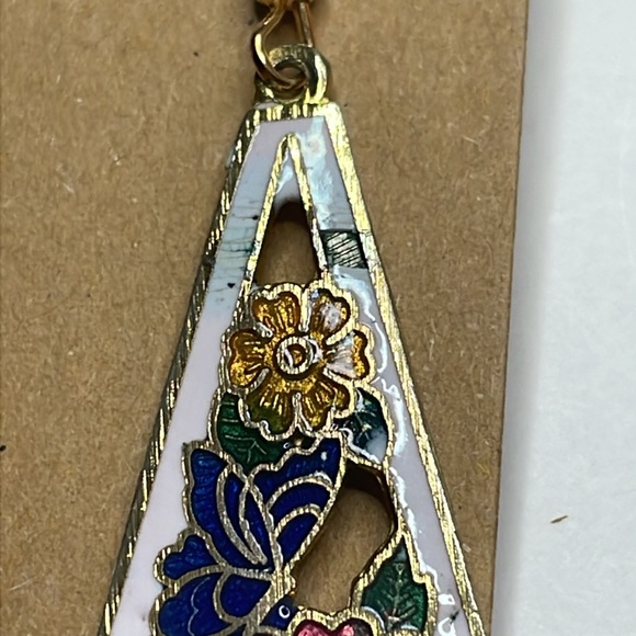 White Gold Tone Floral Cut Out Cloisonné Enamel Dangle Earrings (CPD45) - Picture 3 of 7